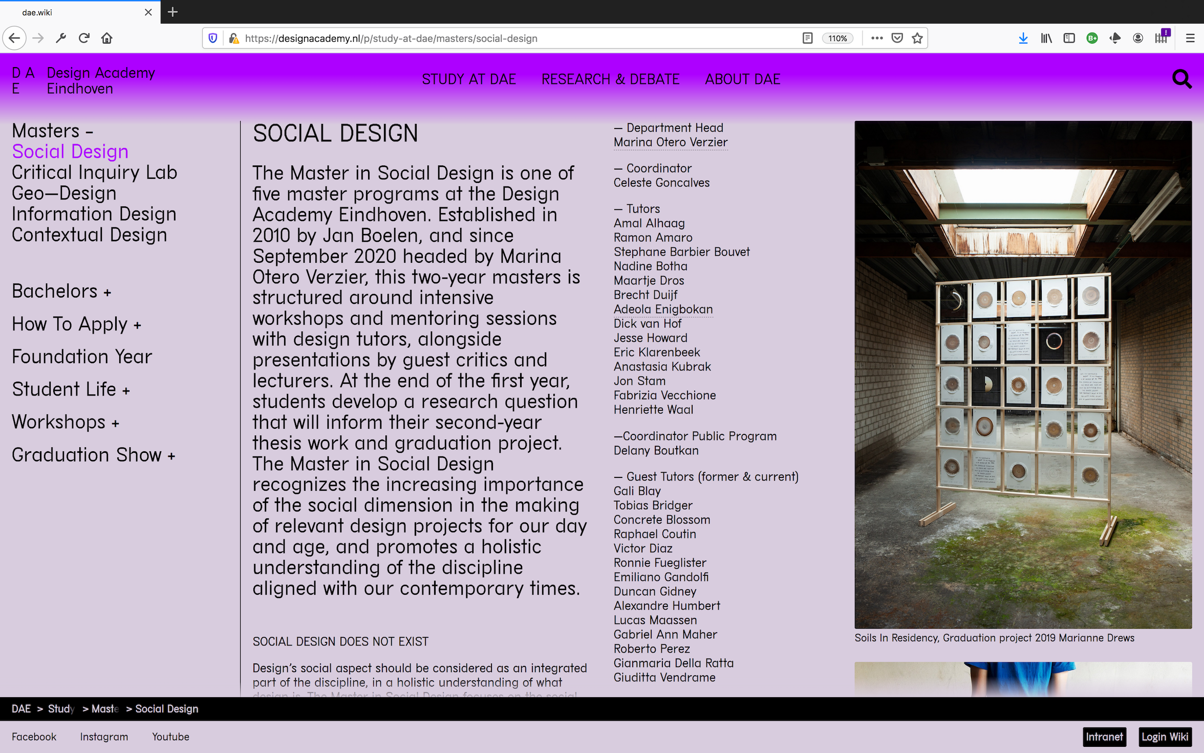 image displaying an example of master department page part of of the Design Academy website